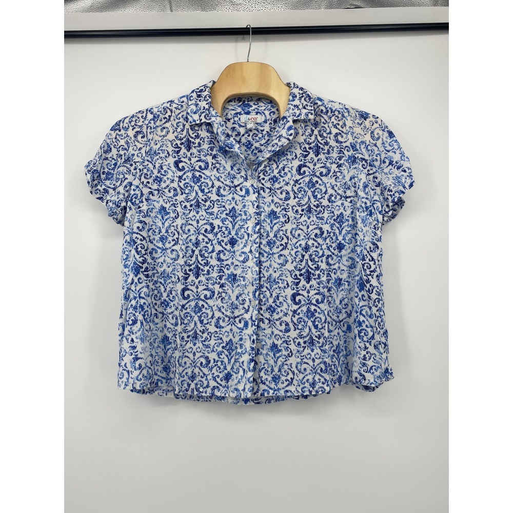 Denim & Co Damask Paisley Blouse Womens 1X Blue White Linen Blend Button Up Top